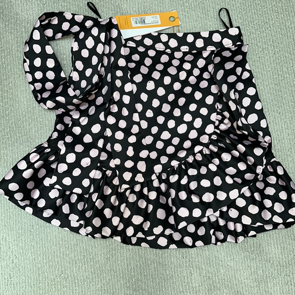 Tanya Taylor pink and black satin polka dot skirt